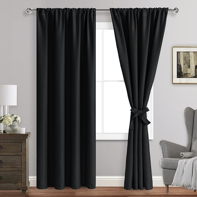 JIUZHEN Blackout Curtains for Bedroom - Thermal Insulated Room Darkening Rod Pocket Curtains for Living Room, Set of 2 Panels with Tiebacks, 42 x 96 Inch Length, Black