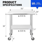 Hally Stainless Steel Table for Prep & Work 24 x 36 Inches with Caster Wheels, NSF Commercial Heavy Duty Table with Undershelf and Galvanized Legs for Restaurant, Home and Hotel