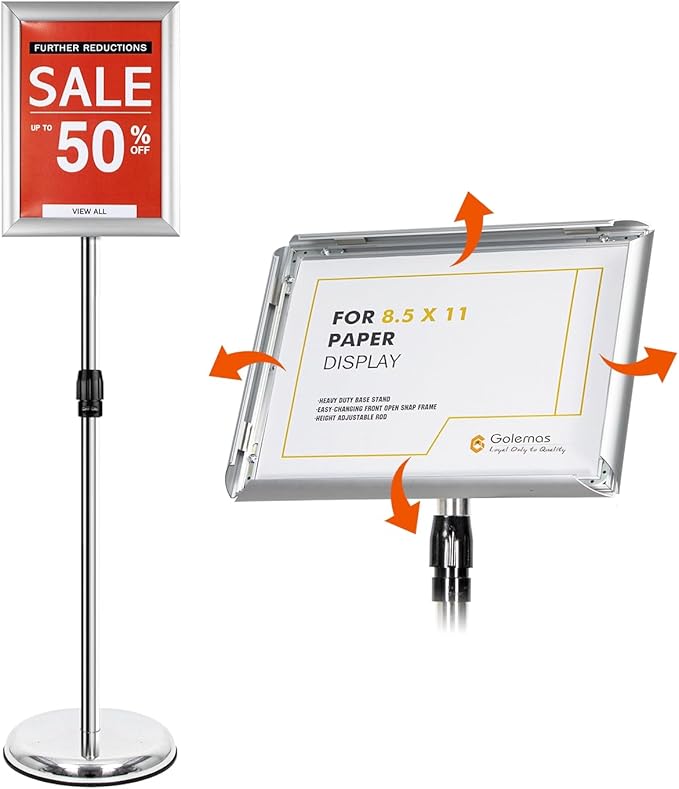 Adjustable Sign Stand for Display, Pedestal Floor Signage Stand Holder with Heavy Duty Base, for Outdoor or Indoor Advertising (8.5 x 11, Silver)