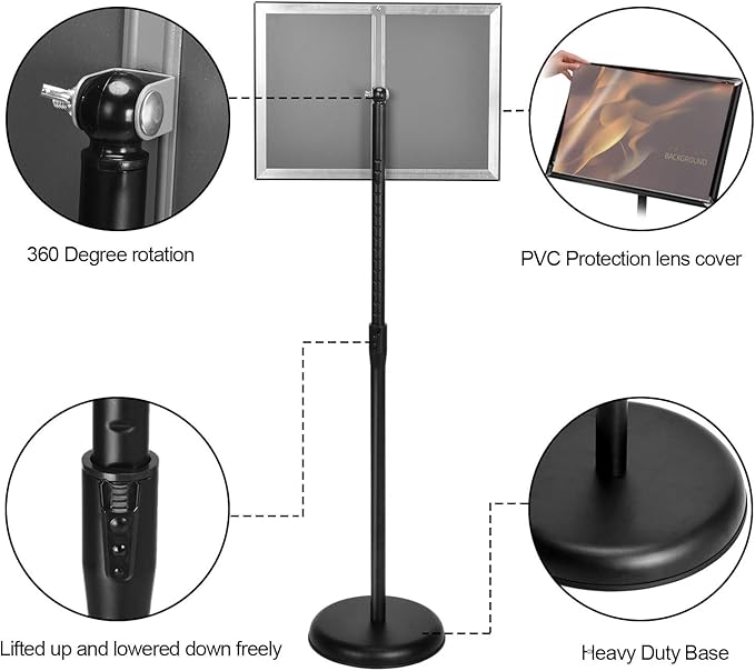 GUOHONG Sign Holder Aluminum Poster Stand ,Adjustable Stand Height, Poster Frame Revolvable To Either Horizontal or Vertical View Display, Round Base (11x17 inches)