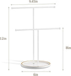 White Jewelry Holder Stand with Ceramic Tray: Small Hanging Necklace Organizer Tree for Earrings, Bracelets, Rings – Jewelry Display Hanger for Women & Girls, White