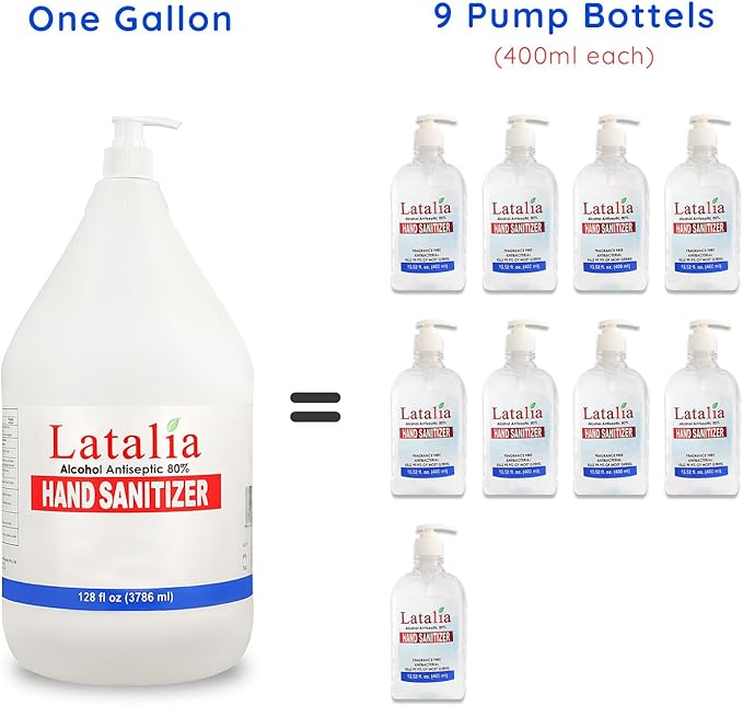 Latalia large Hand Sanitizer Pump 128 fl oz – Pack of 8 with 80% Alcohol Moisturizing Hand Sanitizer Refill Gallon for Home & Office, Unscented Clean Gel, Drying & Non-Sticky for Daily Hand Hygiene