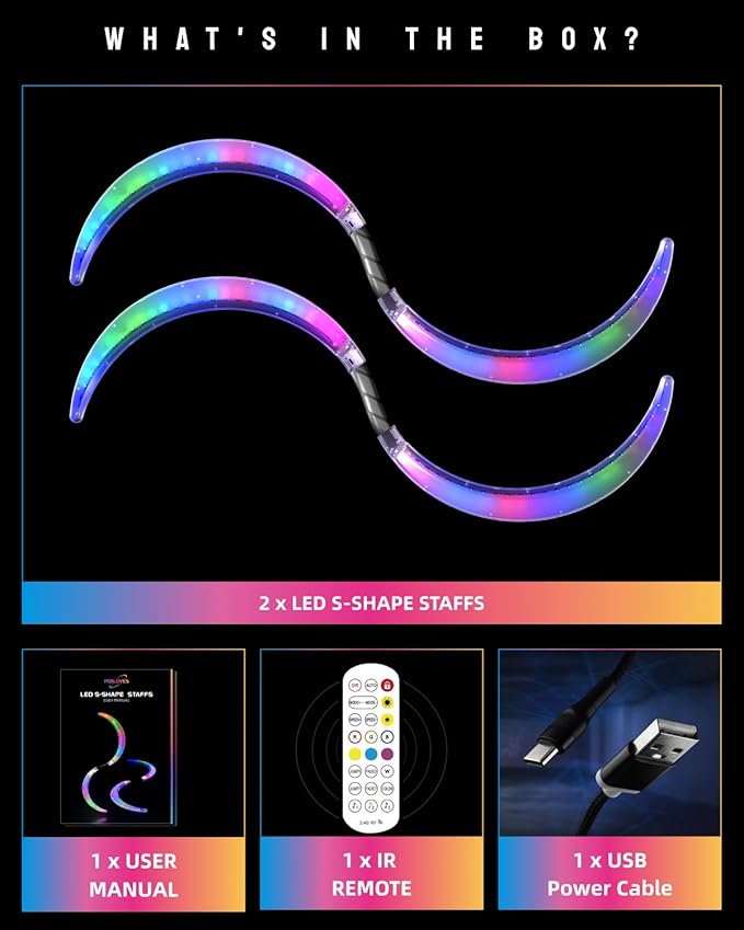 LED POI Staffs S-Shape with 241 Color Light Modes USB Rechargeable Magic LED S-Staffs Customized Colors, Profound Visual Effect
