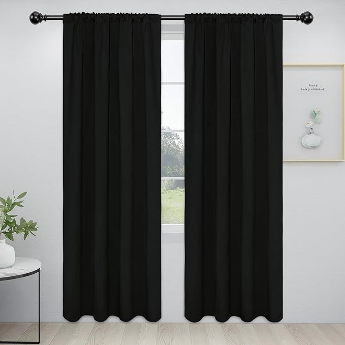 Easy-Going Rod Pocket Blackout Curtains for Bedroom, Room Darkening Window Curtains for Living Room, Thermal Insulated Noise Reduction Solid Window Drapes, 2 Panels(34x84 in, Black)