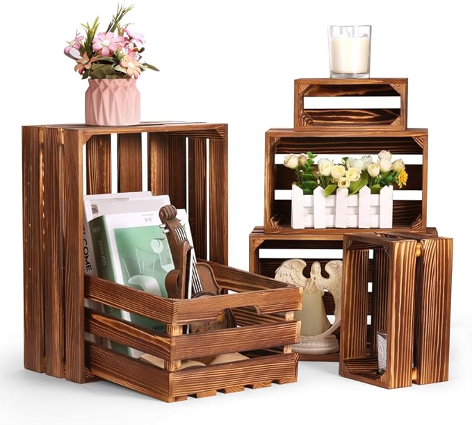 BOBOKA Set of 6 Decorative Wood Crates Nesting Storage Container, 6 Size Farmhouse Wooden Storage Boxes, Rustic Wooden Crates for Storage, Display, Christmas Decorations