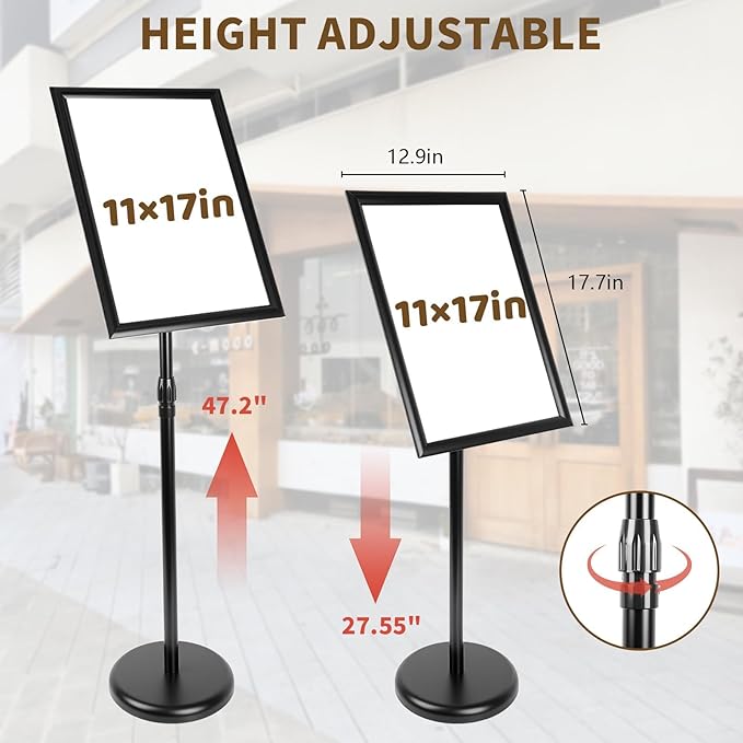 6Packs 11x17 Inch Adjustable Pedestal Poster Sign Stand, Heavy Duty Floor Standing Sign Holder Stand Aluminum Swivel Frame for Vertical and Horizontal View Sign Displayed for Foyer, Reception Area, Restaurant, Black