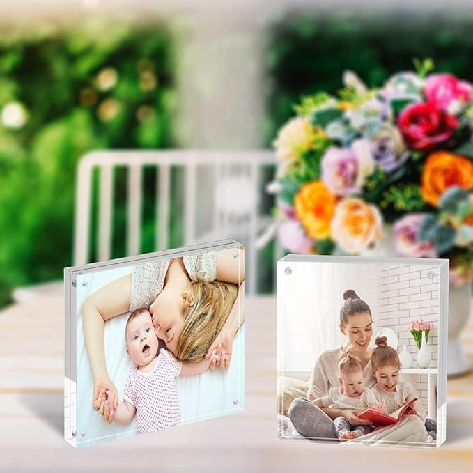 ILYXY 5 Pack Acrylic Frame 4x4, 20% Thicker, 20mm Thick Frameless Clear Picture Frame, Double Sided Magnetic Photo Frame, Free Standing Desktop Display Stand Acrylic Picture Frames