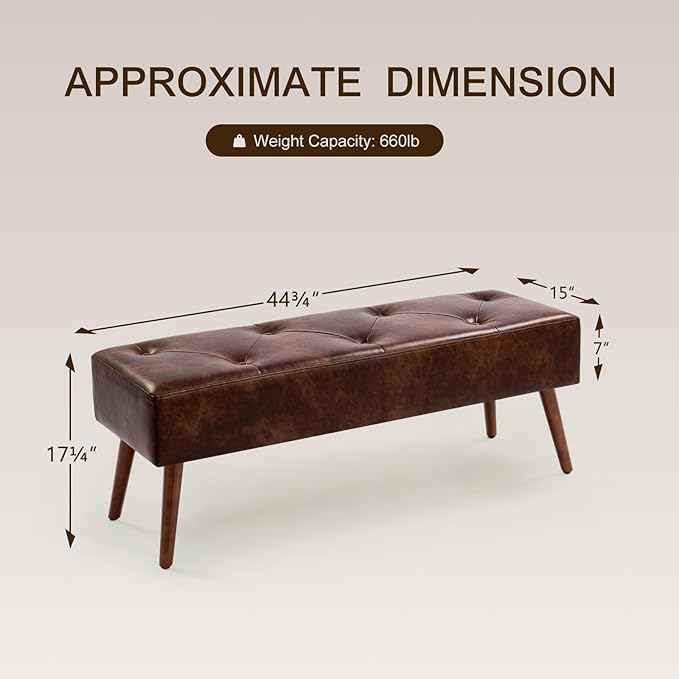Furnimart Faux Leather Bench Ottoman, Tufted Button Bedroom Benches Footrest Stool in Solid Wood Legs, Long and Dining Bench, Indoor Bench for Entryway Living Room Bedroom (Leather-Darkbrown)