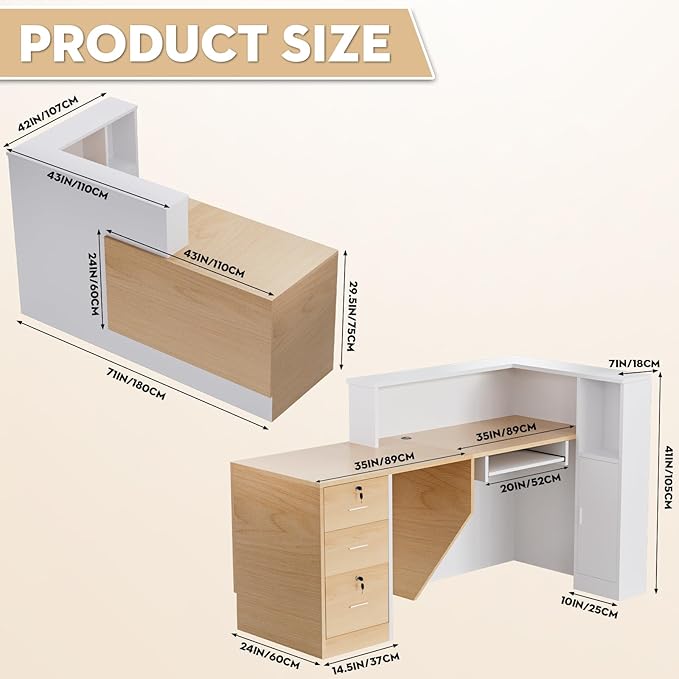 L-Shaped Modern Reception Desk with Counter & Storage - 71" Large Office Front Desk, Salon Checkout Counter with Lockable Cabinets, Shelves(Oak & White, Left - 71''L x 34''W x 41''H)