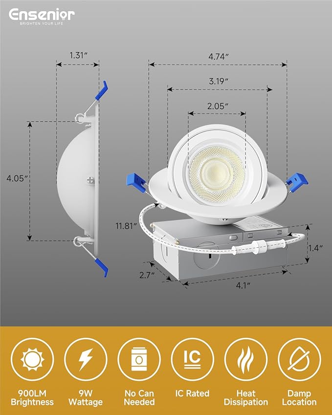 Ensenior 4 Pack 4 inch 5CCT LED Gimbal Led Recessed Light with Junction Box, 360°+90° Adjustable Directional Eyeball Lighting, Dimmable, 2700K/3000K/3500K/4000K/5000K, 900LM, 9W=85W, 120V-ETL&FCC