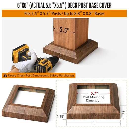 4 pcs 6"x6" (Actual: 5.5"x5.5") Aluminum Deck Post Base Cover, for Deck railings, Stairs, Patios, Porches Split Deck Post Skirt (Walnut Wood)