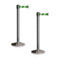 CCW Set of 2 Retractable Belt Barriers Stanchion, Polished Stainless Steel Post, RBB-100 (9 Foot Belt, Green and White Diagonal Belt)