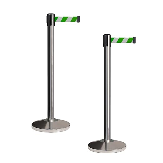 CCW Set of 2 Retractable Belt Barriers Stanchion, Polished Stainless Steel Post, RBB-100 (7.5 Foot Belt, Green and White Diagonal Belt)
