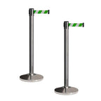 Crowd Control Warehouse CCW Set of 2 Retractable Belt Barriers Stanchion, Polished Stainless Steel Post, RBB-100 (11 Foot Belt, Green and White Diagonal Belt)