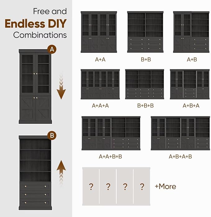 Vyre 71" Tall Farmhouse Bookshelves with Glass Doors and Drawers, Set of 2 – Large Modular Bookcase with Adjustable Shelves, Storage Cabinet for Living Room, Kitchen, Black