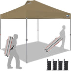 Eurmax USA NOMATTER ONE-Person Open&Close 10x10ft Pop Up Canopy Tent，Portable Shelter Canopy for Outdoor Events，Instant Canopies, Temporary Sunshade,Bonus 4 Sand Bags(Khaki)