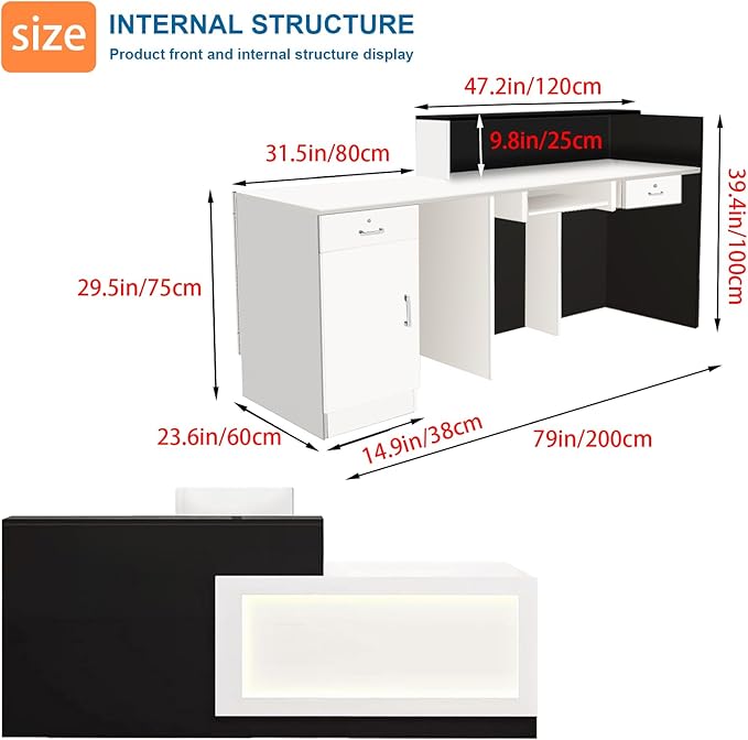 Reception Desk with Counter LED Light and Lockable Drawers and Storage Tall Modern Front Desk Reception Counter for Checkout Lobby Beauty Salon E Left 79inch/200cm