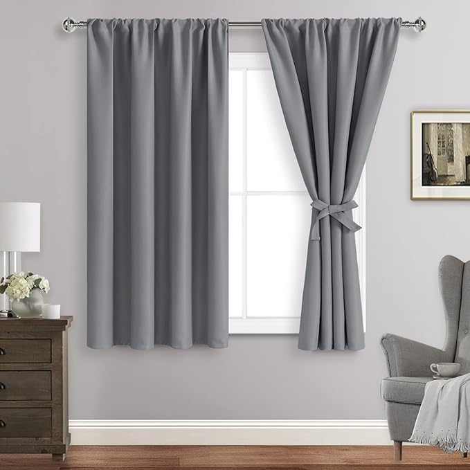 JIUZHEN Blackout Curtains for Bedroom - Thermal Insulated Room Darkening Rod Pocket Curtains for Living Room, Set of 2 Panels with Tiebacks, 38 x 45 Inch Length, Light Grey