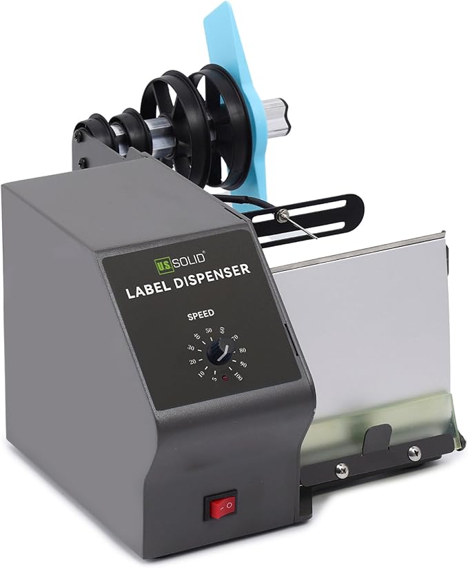 U.S. Solid Automatic Label Dispenser for Long Rolls and Fanfold Labels - Transparent and Opaque - Adjustable Speed - Core Sizes 1", 1.5", 3" - Width 0.2-4.7 in - Max. Roll 11 in