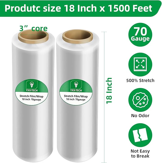 Stretch Wrap Roll - Heavy Duty Industrial Strength 18inch 1500ft,Clear Cling Shrink Wrap Roll 70 Gauge - Ideal for Furniture, Moving, Shipping, and Pallet Packing -4pack