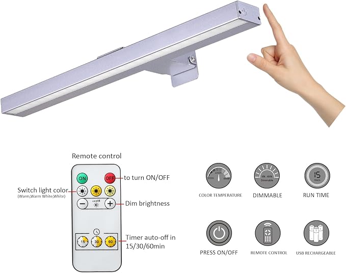 MIOBLUE Wireless Picture Lights with Remote, Metal 16in Recgargeable Battery Painting Light Display Lamp with 3 Lighting Modes, Dimmable Dartboard Light with Timer for Frame Portrait Art, Silver