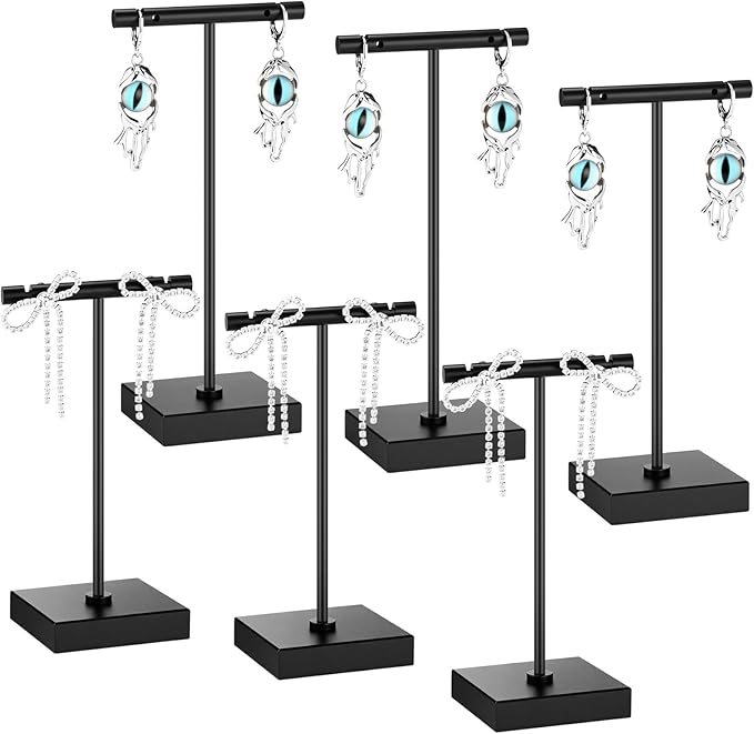 Kigeli 6 Pack Metal T Bar Earring Display Stand Retail Earring Display Holder Detachable Metal Earring Display Storage Rack Jewelry Photography Prop, Square Base, Height 4.3" and 5.1" (Black)