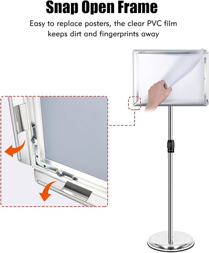 Adjustable Sign Stand for Display, Pedestal Floor Signage Stand Holder with Heavy Duty Base, for Outdoor or Indoor Advertising (8.5 x 11, Silver)