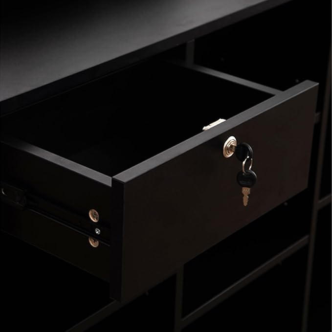 72" W x 22" D x 42" H - Ledgetop Checkout Counter with Glass Showcase View Front, Black Wooden Cash Register Stand with Showcase,Retail Glass Display Cabinet Counter