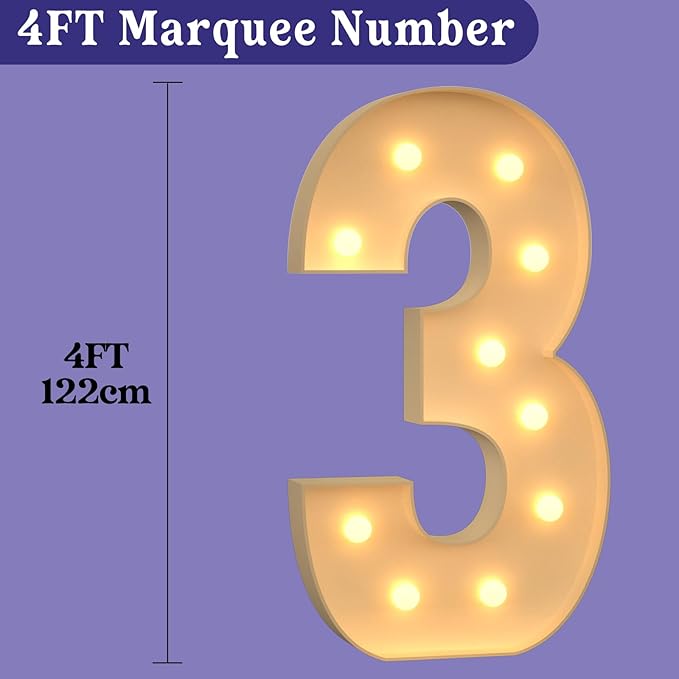 4FT Large Light Up Numbers, Giant Marquee Numbers 3 for 3rd 13rd 30th Birthday Decorations, Big Light Up Numbers for Party Anniversary, Marquee Letters Pre-Cut Mosaic Numbers for Balloons