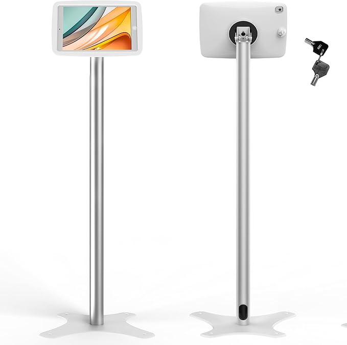 Tablet Kiosk Floor Stand Adjustable - Compatible with 10.2" iPad 7 8 9th, 120 Degree Rotate Lockable Tablet Enclosure+Aluminum Pole+Metal Base