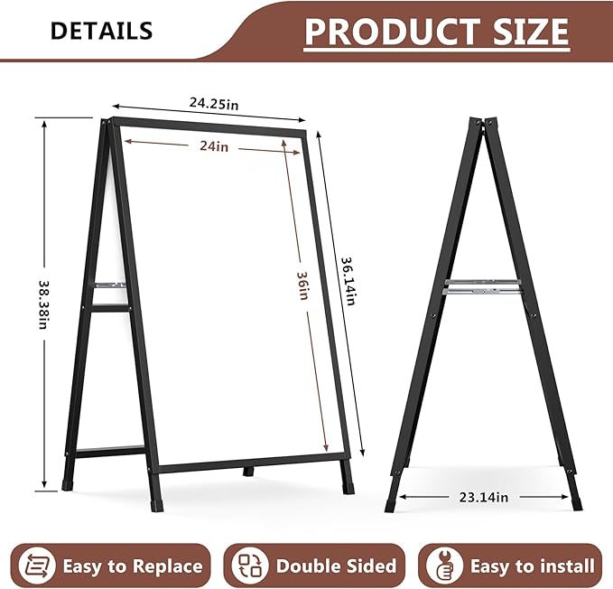 A Frame Sign 24x36 Inch Sandwich Board, Heavy Duty Double-Sided Folding Sidewalk Signboard, Slide-in Steel Metal Frame Sign Display Holder for Outdoor & Indoor Street Poster, Businesses, Advertising