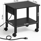 2 Tier Under Desk Printer Stand with Storage, Small Printer Table with Charging Station, Rolling Printer Cart Shelf with Lockable Wheels for Home, Office (Black)