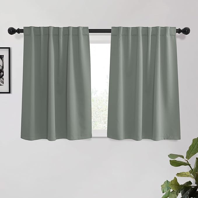 KGORGE Grayish Green Small Window Curtains, Privacy Thermal Insulating Drapes Light Blocking Room Darkening Energy Saving Curtains for Bedroom Kitchen, Back Tab Rod Pocket, W52 x L45, 2 Panels