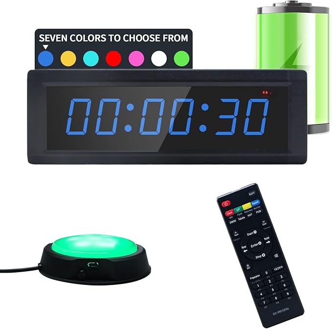 Gym Timer Clock with Remote Control & Push Button,7 RGB Color, Programmable Interval Timer, Countdown/Up Stopwatch,Wall Clock for Home Gym Garage,Portable Training Accessories(Battery)