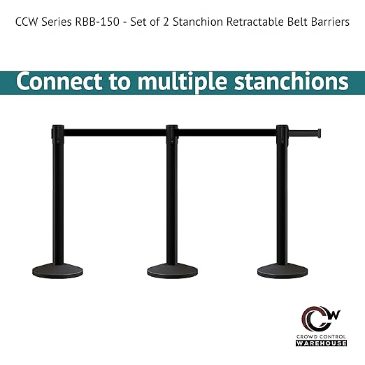 Crowd Control Warehouse CCW Series RBB-150 - Set of 2 Stanchion Retractable Belt Barriers - 16 Foot, Red"Caution - DO NOT Enter" White Letter Belt with Black Steel Post - Easy Assembly