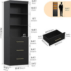 Winkalon 71“H Black Bookshelf with LED Light, Bookcase and Bookshelf with Drawers, Tall Bookcase Tall Storage Cabinet 3-Tier Open Shelves for Home Office Living Room Bedroom, 15.8"D x 23.6"W x 70.9"H