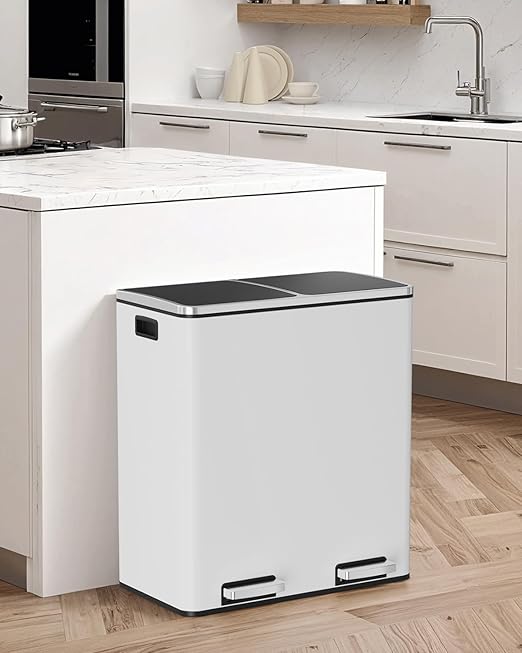 Arlopu Dual Trash Can, 2 x 8 Gallon (2 x 30 L) Hands-Free Trash and Recycle Bin Combo, Stainless Steel Kitchen Garbage Can with Soft-Close Lid, Removable Inner Buckets, Step Pedal, Airtight (White)