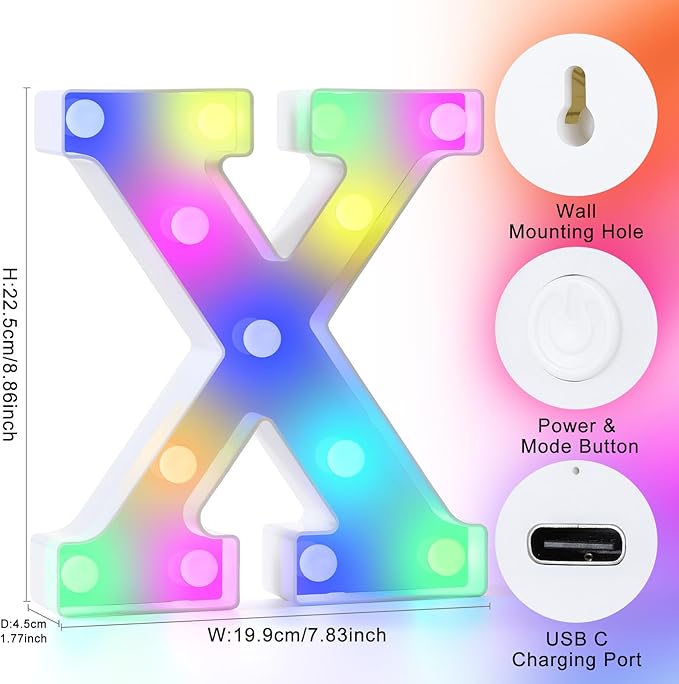 mooncow Rechargeable Light Up Letters,Colorful Marquee Letters with Remote,Gift Wrap Gifts,Bedroom Home Bar Party Decor (X)