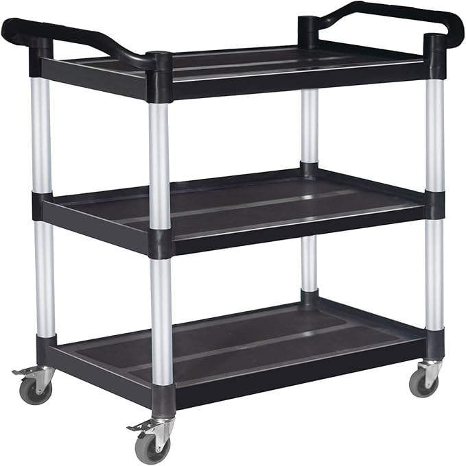 Plastic Utility Cart with Wheels Lockable, Heavy Duty Restaurant Cart, Service Cart for/Home/Office/Warehouse/Kitchen/Workshop,390 Lbs,2 Handles, Black.