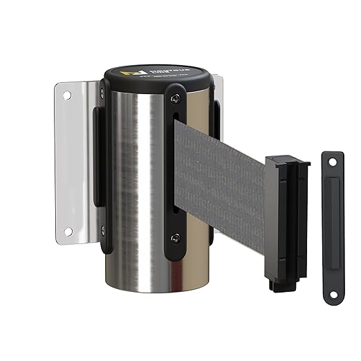 Montour Line WM115 Wall Mounted Retractable Belt Barrier with Standard Belt End, Fixed Mount, Polished Stainless Steel Casing (8.5 ft Dark Grey Belt)