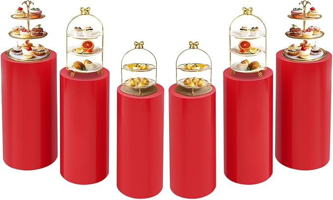 OUKANING 6 PCS Metal Display Pedestal Stands, Red Cylinder Display Stands Pillars, Decoration Cube Sculpture Display Column for Wedding Party Baby Shower Birthday, H27.56'', 26'', 23.62''
