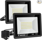 Ceena 2 Pack 60W Plug in LED Flood Light Outdoor, 6000lm Super Bright Floodlight with Switch and 5.9FT Wire, IP66 Waterproof 6000K LED Work Light for Garage, Yard, Patio, Front Door