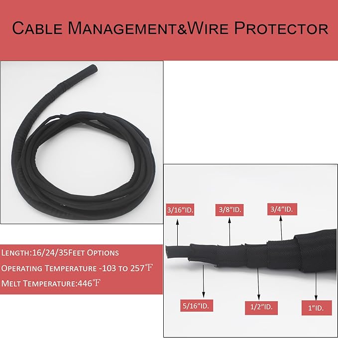 Braided Split Wire Loom Black Wire Cover Protective Harness Tubing Cable Management Self Wrap Cord Sleeve Mesh Woven 1"-24ft