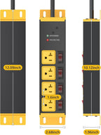 CCCEI Heavy Duty Surge Protector Power Strip 20 Amp Individual Switches. 10FT 12 Gauge Extension Cord with Multiple Outlets. Kitchen, Garage, Shop, Industrial Wall Mount Electric Extender, Yellow.