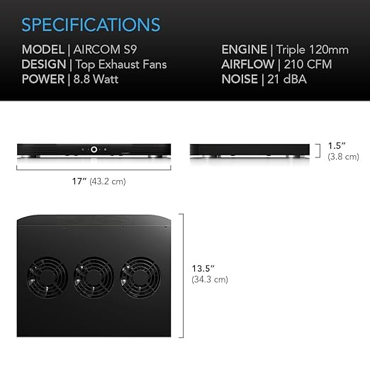 AC Infinity AIRCOM S9, Quiet Cooling Fan System 17" Top-Exhaust for Receivers, Amps, DVR, AV Cabinet Components