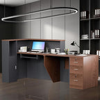 L-Shaped Modern Reception Desk with Counter & Storage - 84" Large Office Front Desk, Salon Checkout Counter with Lockable Cabinets, Shelves (Brown & Black, Right - 84''L x 34''W x 41''H)