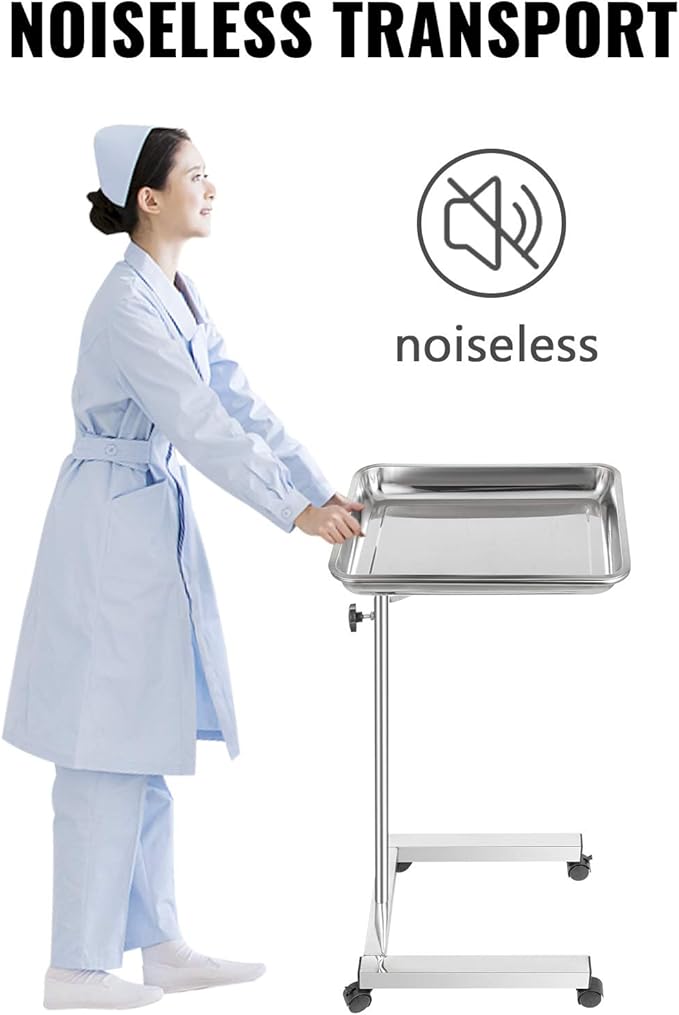 VEVOR Lab Cart, Stainless Steel Mayo Tray Stand 18 x 14 in Trolley Mayo Stand, Adjustable Height 32-51 in Instrument Tray with Removable Tray & 4 Omnidirectional Wheels, Ideal for Home Equipment