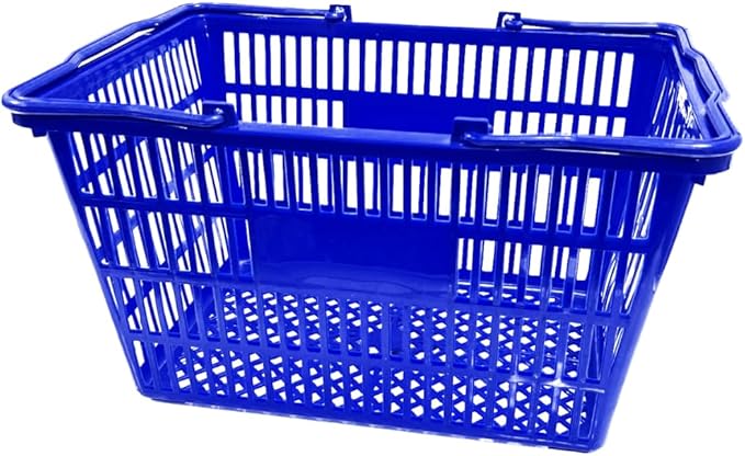 Stackable Plastic Shopping Baskets, Red and Blue, Easy-Grip Handles for Grocery, Retail, Liquor Stores, Home Use (2-pack, Red & Blue Assorted)