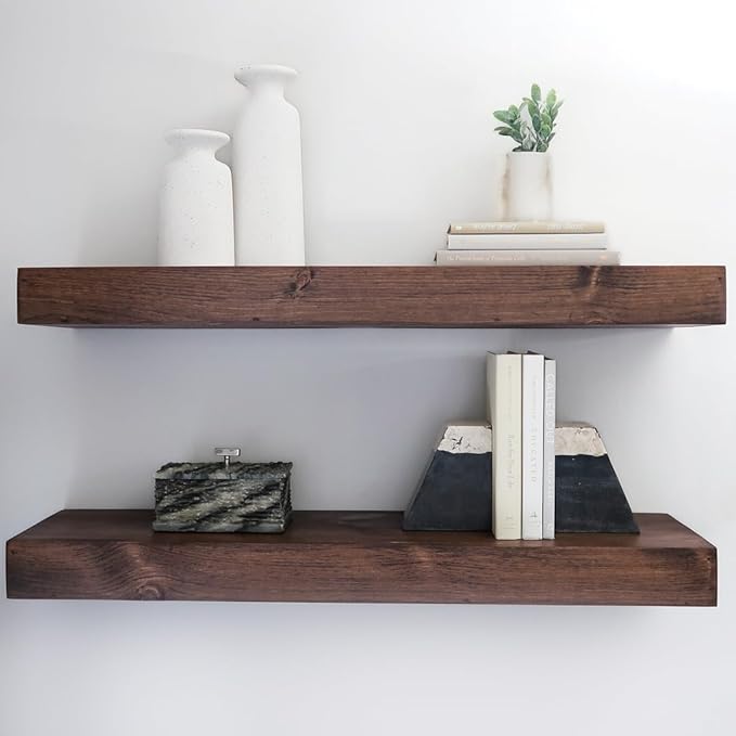 Urbandi Modern Floating Shelves 3 Inches Thick for Wall, Wide Shelves for Kitchen, Living Room, Bedroom, and Bathroom, Natural Pine Wood, Rustic Wooden Shelf, (Set of 2) (Provincial, 36Lx3Hx8D)