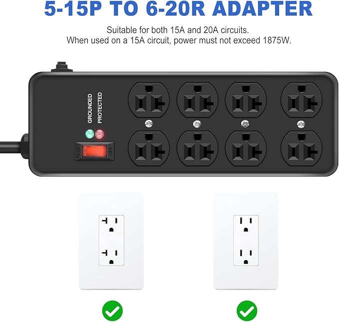 Heavy Duty Surge Protector 20Amp,Metal Power Strip with 8 Outlets,Wall Mount Surge Protector 4800J,12 Gauge 6FT Extension Cord 5-15P Adapter Workshop & Industrial Use with 6-20R T-Slot Outlets